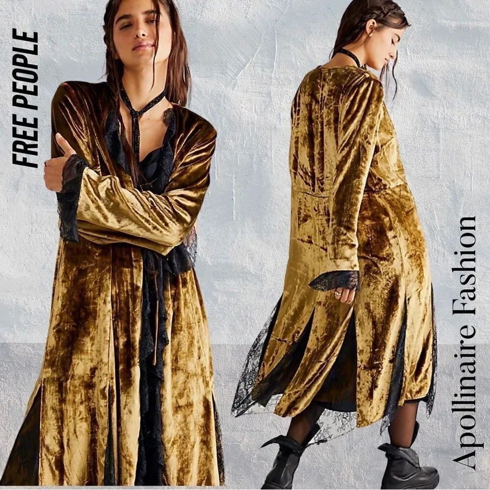 FREE PEOPLE RAVENA VELVET DUSTER IN GOLD AND BLACK LACE NWT LARGE